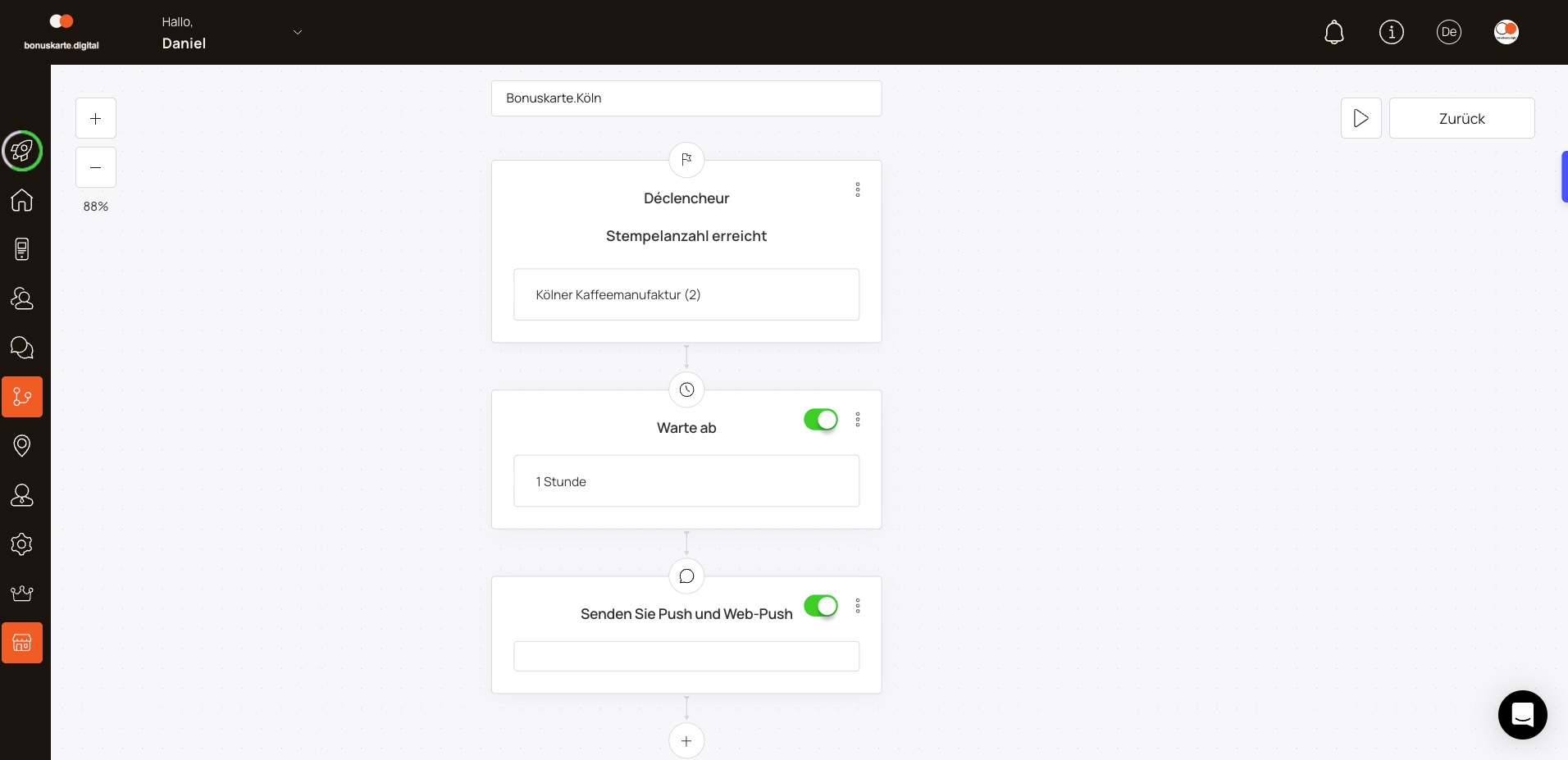 Exemple de workflow : nombre de tampons atteint → attendre 1 heure → envoyer une notification push